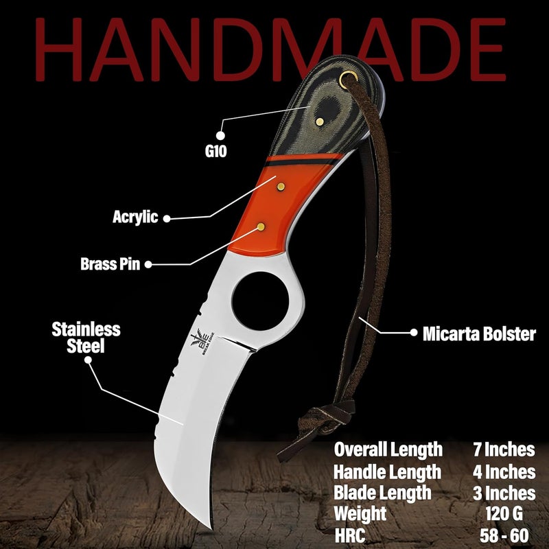 BE BREAK EDGE Handmade Stainless Steel Lineman’s Hawkbill knife with Leather sheath, Heavy Duty Utility Knife blade Electrician Wire Skinning knife for professional. - Image 2